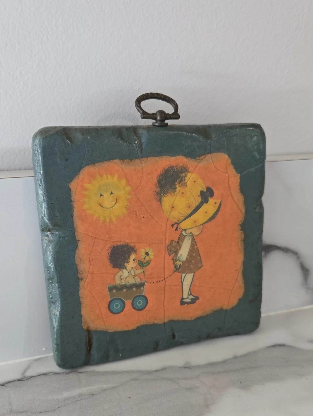 Vintage Cute Kids Wall Plaque — Teal & Orange Kitchy Twee